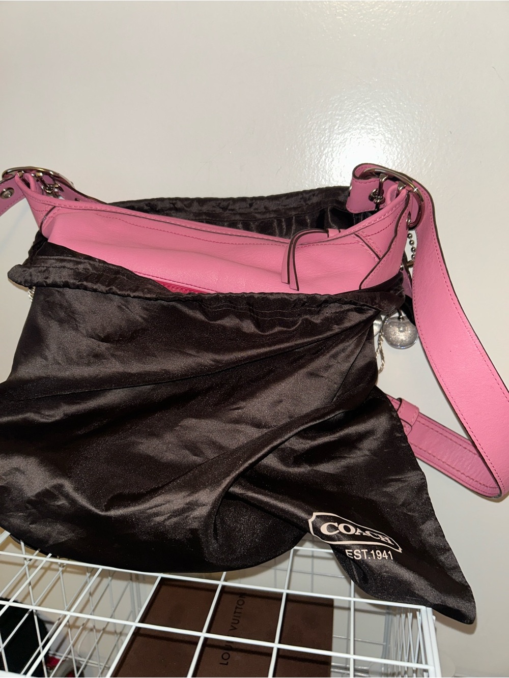 COACH Alternating Pink Leather Rugby
Stripes Bleeker duffle crossbody. RARE! - Picture 14 of 14
